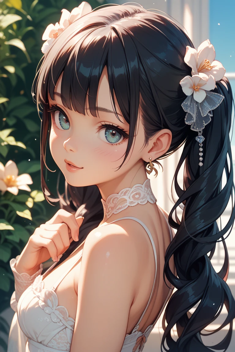 masterpiece, highest quality, One Girl, Thighs, beautiful girl, Flowers, たくさんの小さなflowerびら, flower、Small waist, RAWphotograph,Bright lighting、Face Light, Dynamic Lighting,  Ultra-realistic, High resolution, photograph, Sharp focus, Highly detailed eyes and face,Symmetrical face, whole body、Large Breasts、Long Hair、チラリと見えるThighs、Deep valley、Beautiful cleavage shorts、A skin-tight white shirt、boots
