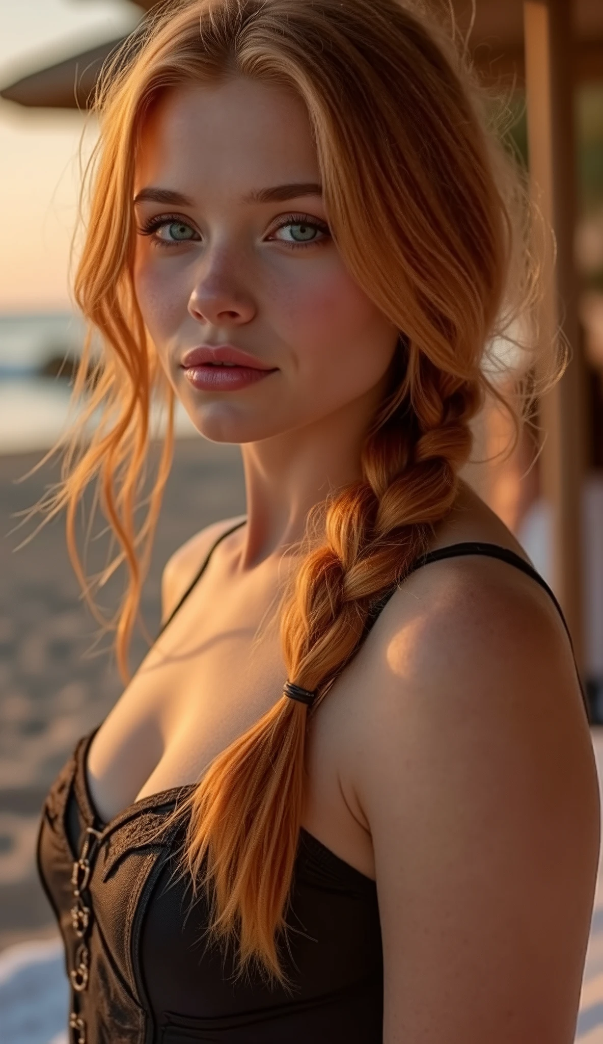🌟 quality & silent: whole head down to below the chest, three sided view, masterpiece, 8k, ultra high resolution, Gothic art, very detailed, natural lighting, SLR lighting, SLR camera , Fujifilm XT3, film grain, Sharp concentration, perfect lighting. 🌌 Scene & background: different backgrounds: A romantic sunset on the beach, with warm, golden hues . A dark, mysterious forest with moonlight, that falls through the trees. A luxurious bedroom with candlelight and silky curtains. Ein urbaner background mit Neonlichtern und regennassen Straßen. 😈 model & Styling: wild young girl, Fiery red hair, different hairstyles such as rench braid, which in various Poses fall loose or styled are, and bright blue eyes , glowing blue eyes, She is wearing a lightweight, silk corset with deep neckline. 🔥 Pose & Mood: Different poses ( direct , front, looking to the side ) and angle of view (from the side, from above, from below), Different sensual facial expressions: she looks directly at the camera , with a seductive smile and half-closed eyes. She opens her lips slightly, with a playful and tempting look. She tilts her head slightly to the side, with a dreamy and sensual expression. She looks over her shoulder, with a mysterious and intense look. Die Mood ist sinnlich, seductive and full of emotions. 💋