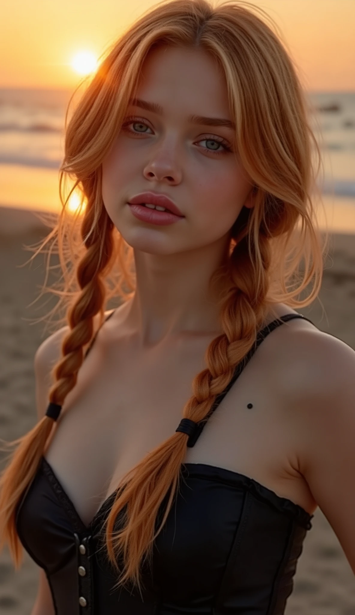 🌟 quality & silent: whole head down to below the chest, three sided view, masterpiece, 8k, ultra high resolution, Gothic art, very detailed, natural lighting, SLR lighting, SLR camera , Fujifilm XT3, film grain, Sharp concentration, perfect lighting. 🌌 Scene & background: different backgrounds: A romantic sunset on the beach, with warm, golden hues . A dark, mysterious forest with moonlight, that falls through the trees. A luxurious bedroom with candlelight and silky curtains. Ein urbaner background mit Neonlichtern und regennassen Straßen. 😈 model & Styling: wild young girl, Fiery red hair, different hairstyles such as rench braid, which in various Poses fall loose or styled are, and bright blue eyes , glowing blue eyes, She is wearing a lightweight, silk corset with deep neckline. 🔥 Pose & Mood: Different poses ( direct , front, looking to the side ) and angle of view (from the side, from above, from below), Different sensual facial expressions: she looks directly at the camera , with a seductive smile and half-closed eyes. She opens her lips slightly, with a playful and tempting look. She tilts her head slightly to the side, with a dreamy and sensual expression. She looks over her shoulder, with a mysterious and intense look. Die Mood ist sinnlich, seductive and full of emotions. 💋