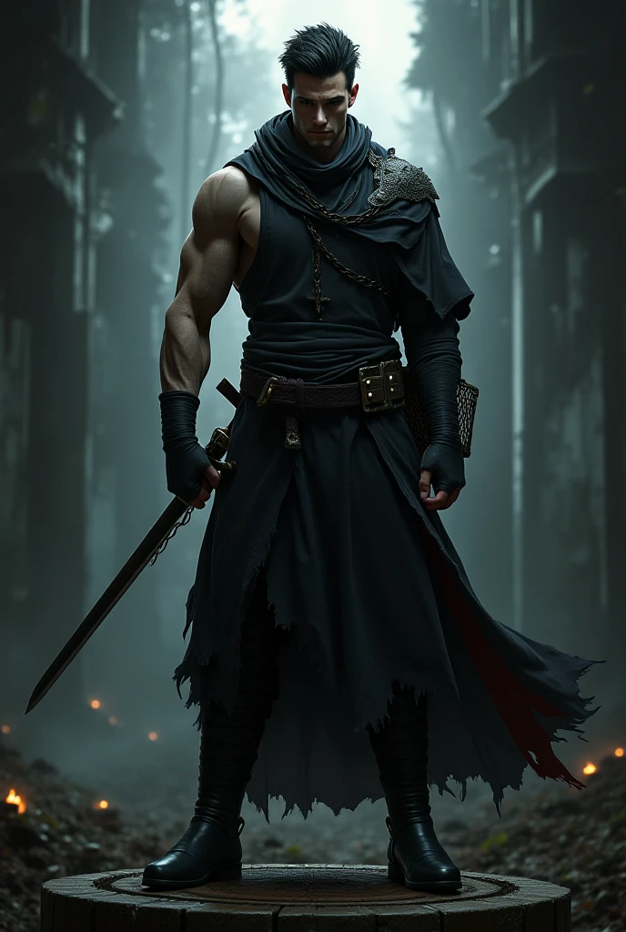 MaskIntimidating characterKnives in both handsScarf or bandana covering the neckSymmetrical styleGradient backgroundRobust typographyMetallic tones or Color paletteDARK SKIN COLOR AND BLACK AND WHITE CLOTHING COLORS