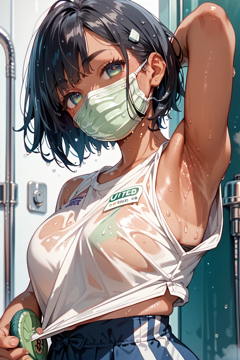 1girl, 独奏, White polo shirt, White sneakers, See-through installation, white mini-skirt, tmasterpiece, Best quality at best, realisticlying, ultra - detailed, (shiny skins, perspired:1.4), absurderes, looking at viewert, with short black hair, with brown eye,slenderness,Dynamic light and shadow,A high resolution,Sharp focus,depth of fields,The eyes are delicate,Sharp pupils,pupil realistic,(smallunderboob:1.6),(Thigh thick:1.0),exteriors,Skysky,abalone