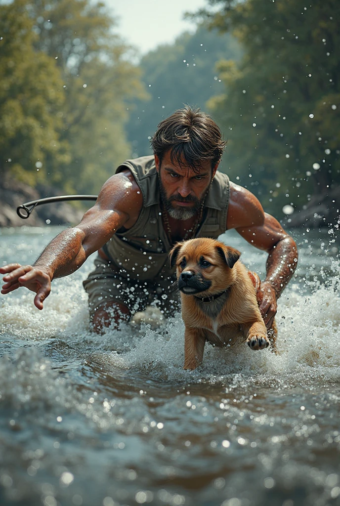 Drawing of stray man bathing a rottweiler dog 