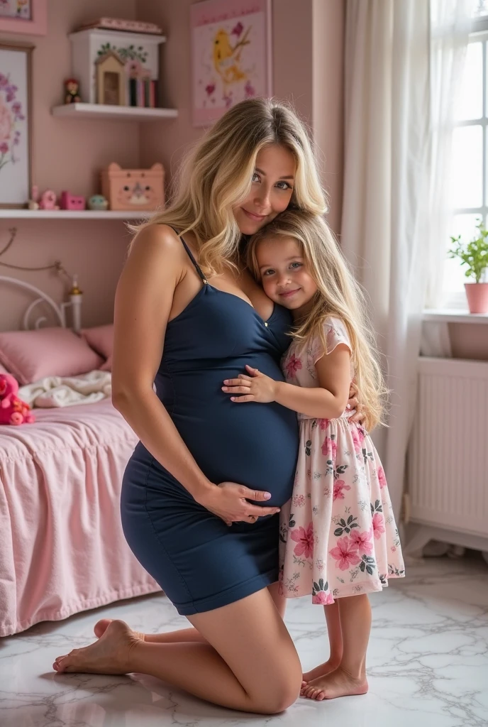 (conjoined_dicephalus), (2heads), 26-year-old white girl with two heads, short blonde bob, blue eyes, wearing a white sundress, standing in a living room, pregnant, smiling