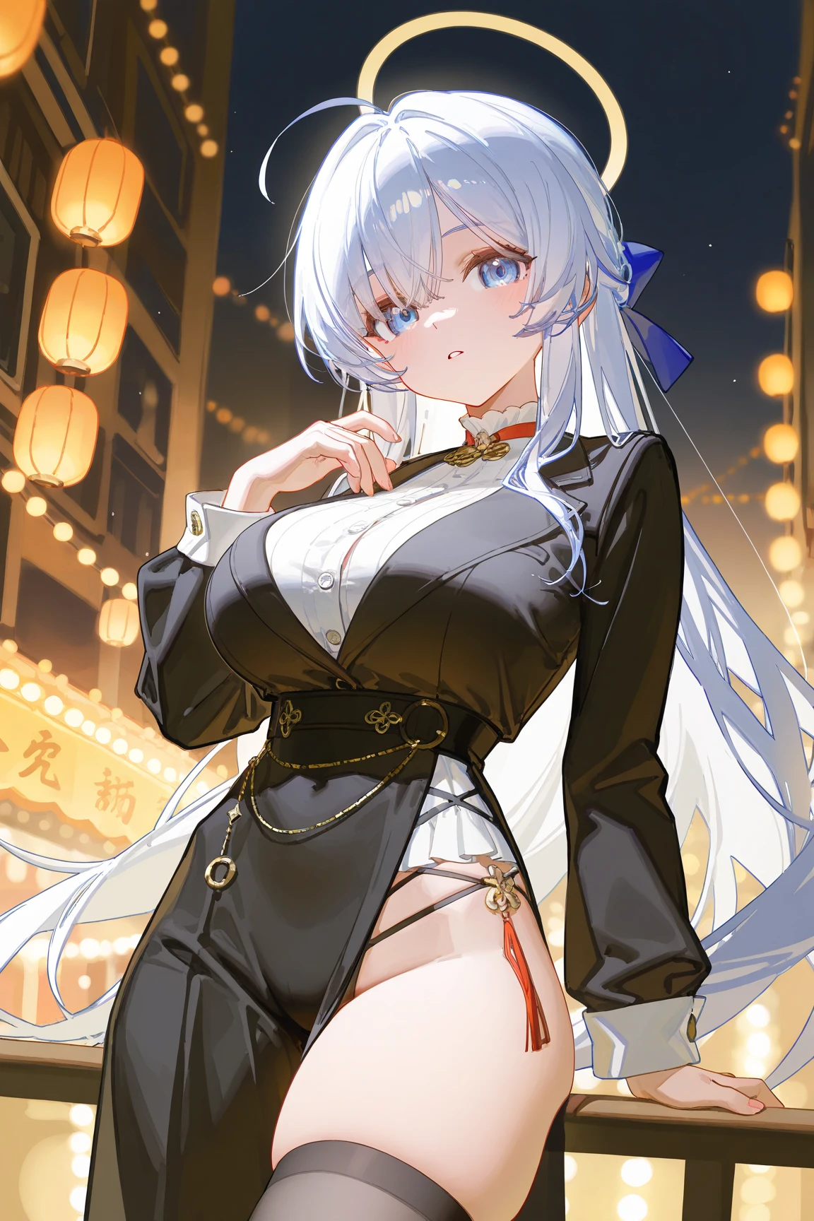 1 girl, (style: 1.5), Bangs, Lips, skirt, Long hair, blue eyes, High Thigh, Off-shoulder, style Chinese skirt, China costume, Lipstick, Practical, Rose, jewelry, earrings, curls, flower holding, Gloves, elbow Gloves, white Gloves, cosmetic, White thighs, white hair, flower, permanent,