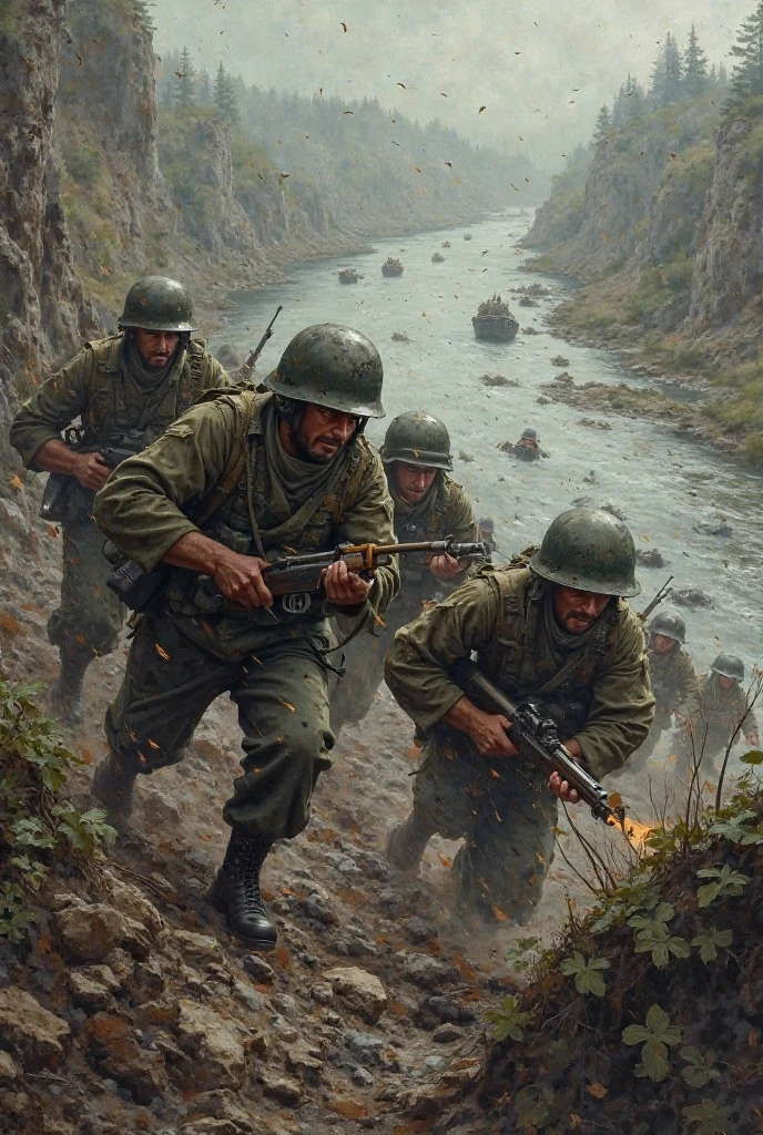 ((realistic quality)) ((art work)) ((perfectquality)) A group of soldiers dressed in dark clothes ran forward，The flag points to the sky, overcast day, Dia sombrio