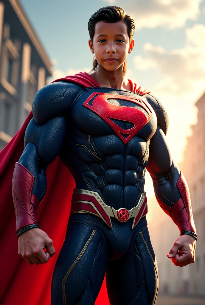 1 brown-skinned man with superman costume, shaved hair, photography, in the background a sky full of clouds, soft lighting, soft details, octane, artstation trend, ultra high detail, ultra realistic, cinematic, 16k --auto --s2