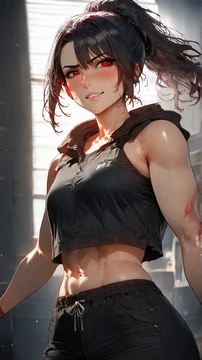 a bloody girl fighter and a man are fighting in a fighting octagon ring. he is punching bloody pretty young japanese girl fighter's body in a series. She is struggling. she is crying and screaming. she has short-cut black hair, shortness of breath, drool from her mouth, closed eye, exhaustion, and sweat soaked. open finger grobe. full body. Muscularity. Six pack abs. Erect nipples.