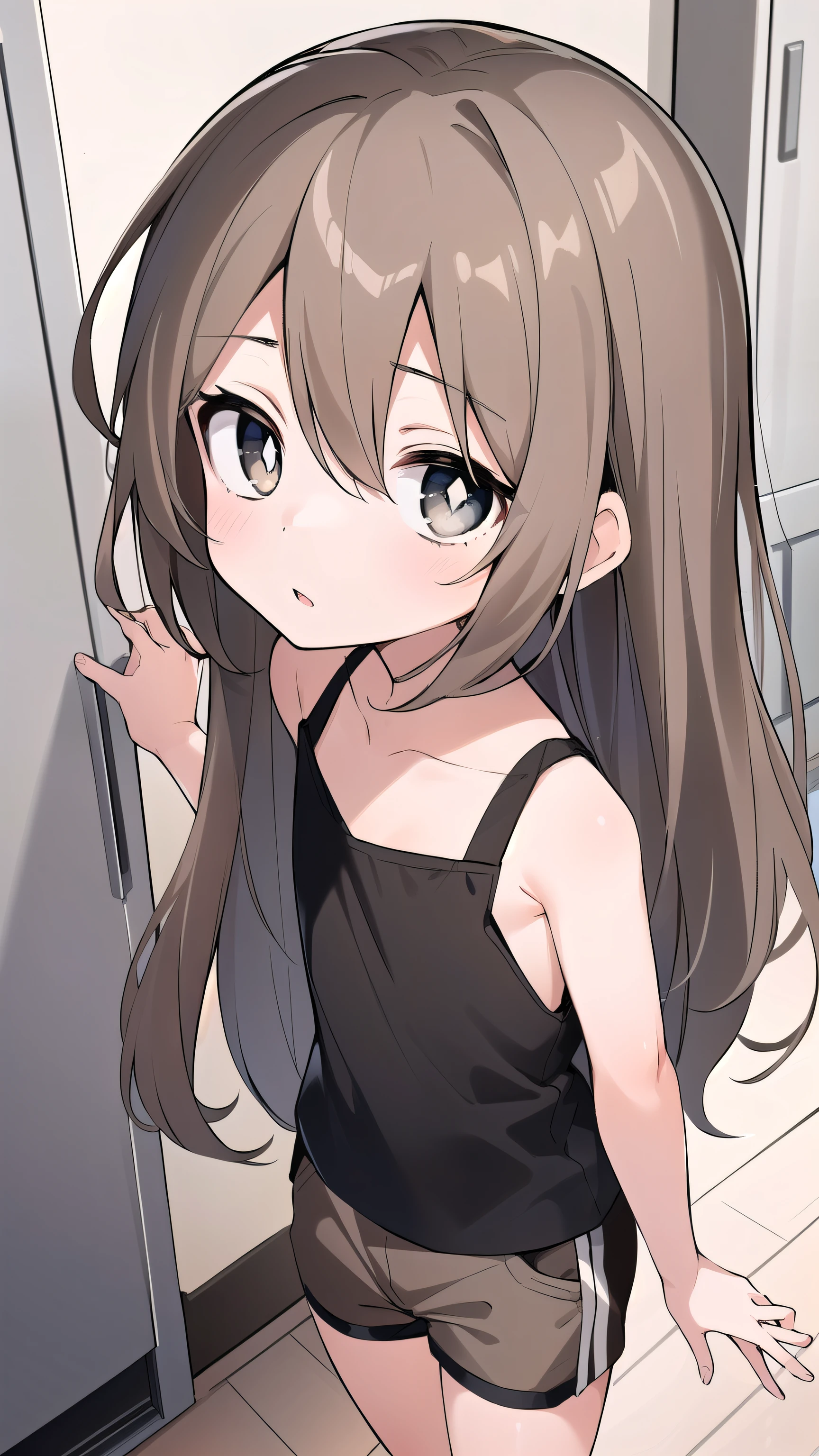 Girl, (light brown hair:1.5), (black eyes:1.1), (big eyes: 1.1), (sagging eyes: 1.5), (very long hair:1.1), hair between eyes,  (flat chest:1.3), (straight hair), very short, only , droopy eyes,  11 years old, (short height:1.8), young face ,  smooth straight hair ,bed，bed, ，(bottomless:1.4)，flat chest，pussy are visible, Slip Dress