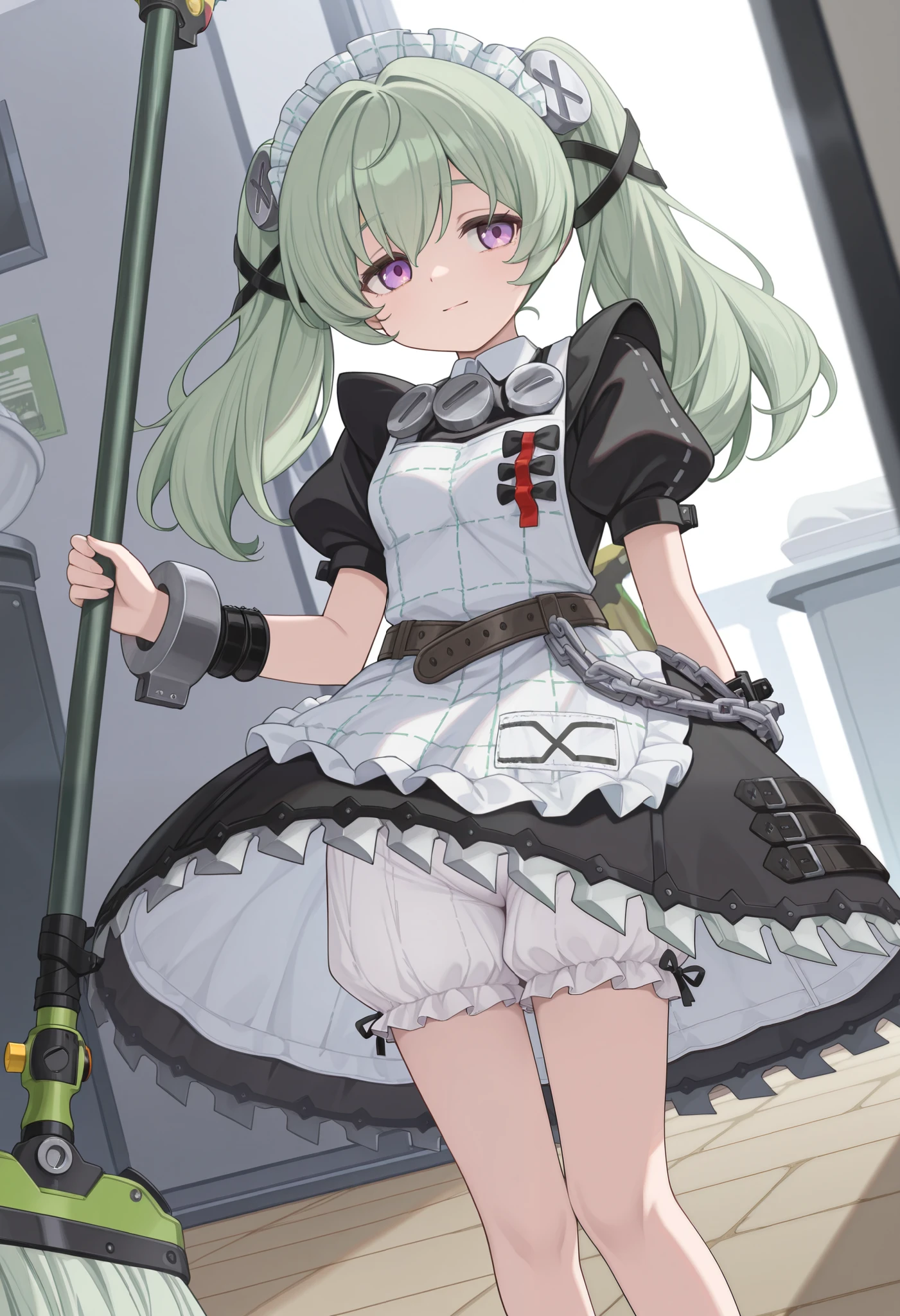 masterpiece,game cg,dutch angle ,1girl,solo,long hair, green hair, twintails, purple eyes, screw hair ornament, maid, maid headdress, maid unifrom, screw, apron, wristbands, shackles, short sleeves, puffy sleeves, belt, chain,(bloomers),light smile,Sweeping the floor