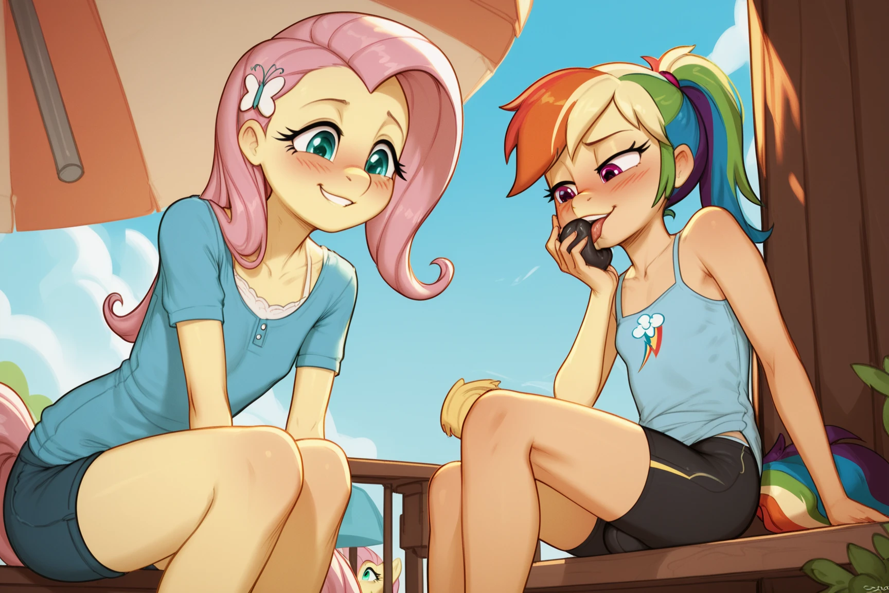 Two elf girls kiss while riding bicycles, in running shorts, short shorts,