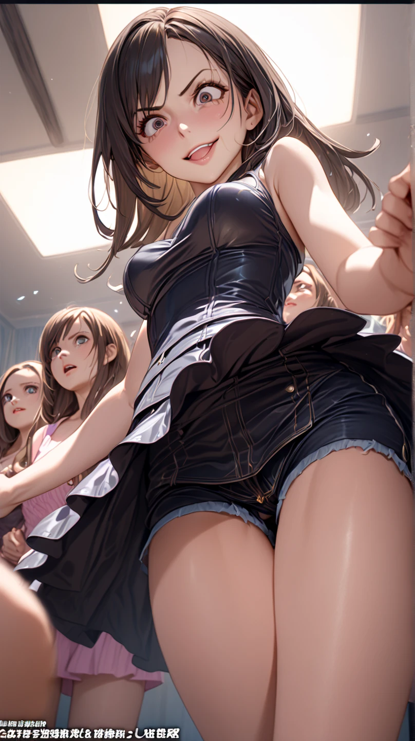 masterpiece, 最high quality, High resolution, Final Fantasy 7、Tifa Lockhart、Black torn clothes 、Black ripped pantyhose、Dark church at night、sexy、Wearing a mini skirt、Thin legs、Big Breasts、Slim figure、high quality CG Tone、Black panties、Surrounded by sadistic women、黒いsexyな服、A pinch、Black long hair、Fighting with women、Kneel on the ground、Damage、Tattered、Low - Angle、Painful expression