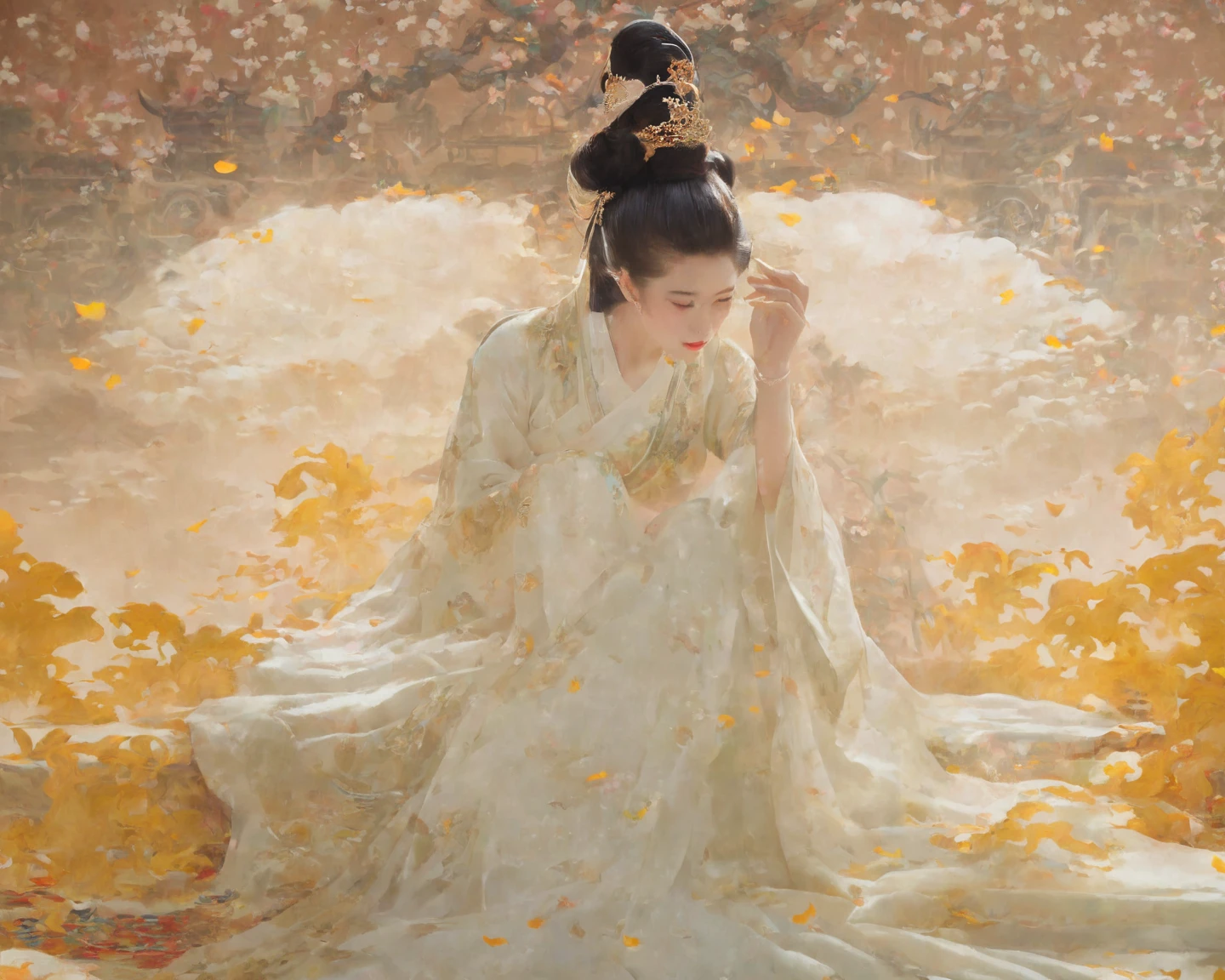 1girl, solo, white Hanfu, circular mural, stone, half body close-up, (sitting on the Grand Tutor's Chair:1.6), autumn theme, indoor, simple background, cinematic feeling, sense of scale and narrative, ethereal scene, peaceful loneliness, stunning contrast and shadow, photography, super reality, bright colors, superlight compensation, depth of field, caustics, 8k, super detail, masterpiece