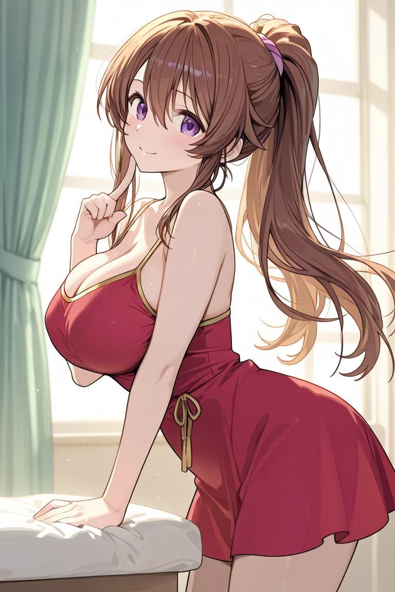 1girl, anime, solo, masterpiece quality, best quality (character details + style) half body, long curly hair, caramel hair, vibrant red eyes, rose on the side of head, curvy and provocative body, white and fancy tight and flowing sleeveless dress, (lens effect + lighting + scene) light and shadow interlaced, royal bedroom.