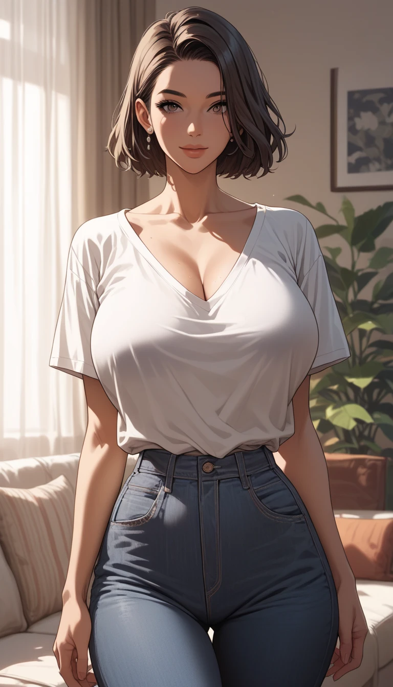 (4K,Masterpiece,Best Quality,super Detail,High Details,Textured Skin,Highres,Anatomically Correct).

Image [1]:
- Character Name: Mary
- Physical description:
 - Age: 35 years old
 - Hair: brown hair, short and straight
 - Green eyes
 - Clear Skin
 - Height: 1.70m
 - Body Type: Generous bust,Large breasts,Full breasts,Slim waist,Well-defined waist,Smooth curves,Well defined hips,Proportional hips,Erotic curves
 - Clothes: white t-shirt with a small logo on the chest, tight blue jeans, white sneakers
 - Distinctive features: small black dot on left cheek
- Setting: [A dimly lit luxurious and sensual double bedroom]
- Actions: [She must be standing in front of the bed in the room in a confident position displaying her body with pride and expectation]
- Tags: physical consistency, same appearance, same character.


Image [2]:
- Character Name: Mary
- Physical description:
 - Age: 35 years old
 - Hair: brown hair, short and straight
 - Green eyes
 - Clear Skin
 - Height: 1.70m
 - Body Type: Generous bust,Large breasts,Full breasts,Slim waist,Well-defined waist,Smooth curves,Well defined hips,Proportional hips,Erotic curves
 - Clothes: no clothes,nude,naked
 - Distinctive features: small black dot on left cheek
- Setting: [A dimly lit luxurious and sensual double bedroom]
- Actions: [A lewd-looking mother with huge breasts, a slender waist, and a soft, juicy ass is engaged in a moment of extremely lewd sex. Her sensual body and curves are emphasized by smooth skin and full lips, while her seductive gaze conveys desire and lust. Men with big thick dicks use her for their pleasure, penetrating her deep and acting rough. The sound of moans and sweat running down her body indicate the intense pleasure she is feeling.]
- Tags: physical consistency, same appearance, same character.