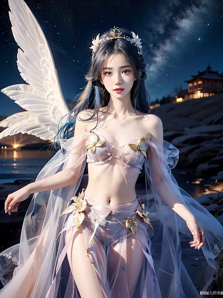 1girl, 23 years old, standing regal with open hands, symmetrical and fractal, multi-color pastel long hair, colorful (1.2), lies in a bird's nest and hatches (1.2), perfect face, sexy linagerie, oil smooth skin, kinky and sexy smile, looking at the viewer, fairy wings, Big fairy wings, multi color pastel feather wings, fairy vibe , background of mystic realm and magic, the particles of magic light with multi color , wind forming particles in seamless fractal pattern, warm light, epic scene , HDR+, extreme detailed ,Nikon D850, masterpiece, devianart, photo-real painting
