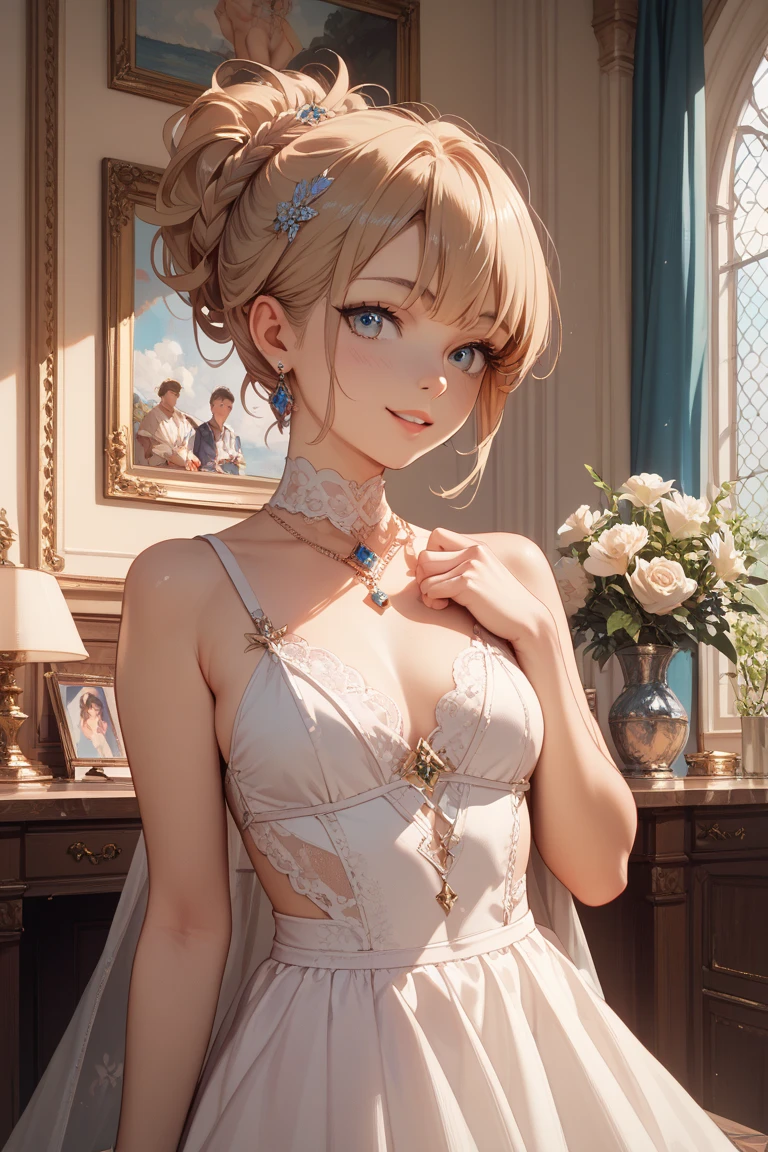 (best quality:1.2, High Detail, masterpiece:1.2, Best aesthetics), (1 girl), Beautiful woman, Formal evening gown, Beautiful and delicate eyes, Beautiful and delicate lips, The face is rich in detail, Exquisite and stylish, elegant, luxurious, High quality fabrics, shine, shine,  Room, chandelier, luxuriousな内装の部屋, Dramatic Lighting, Movie, Vibrant colors, Intricate details, Chiaroscuro lighting.