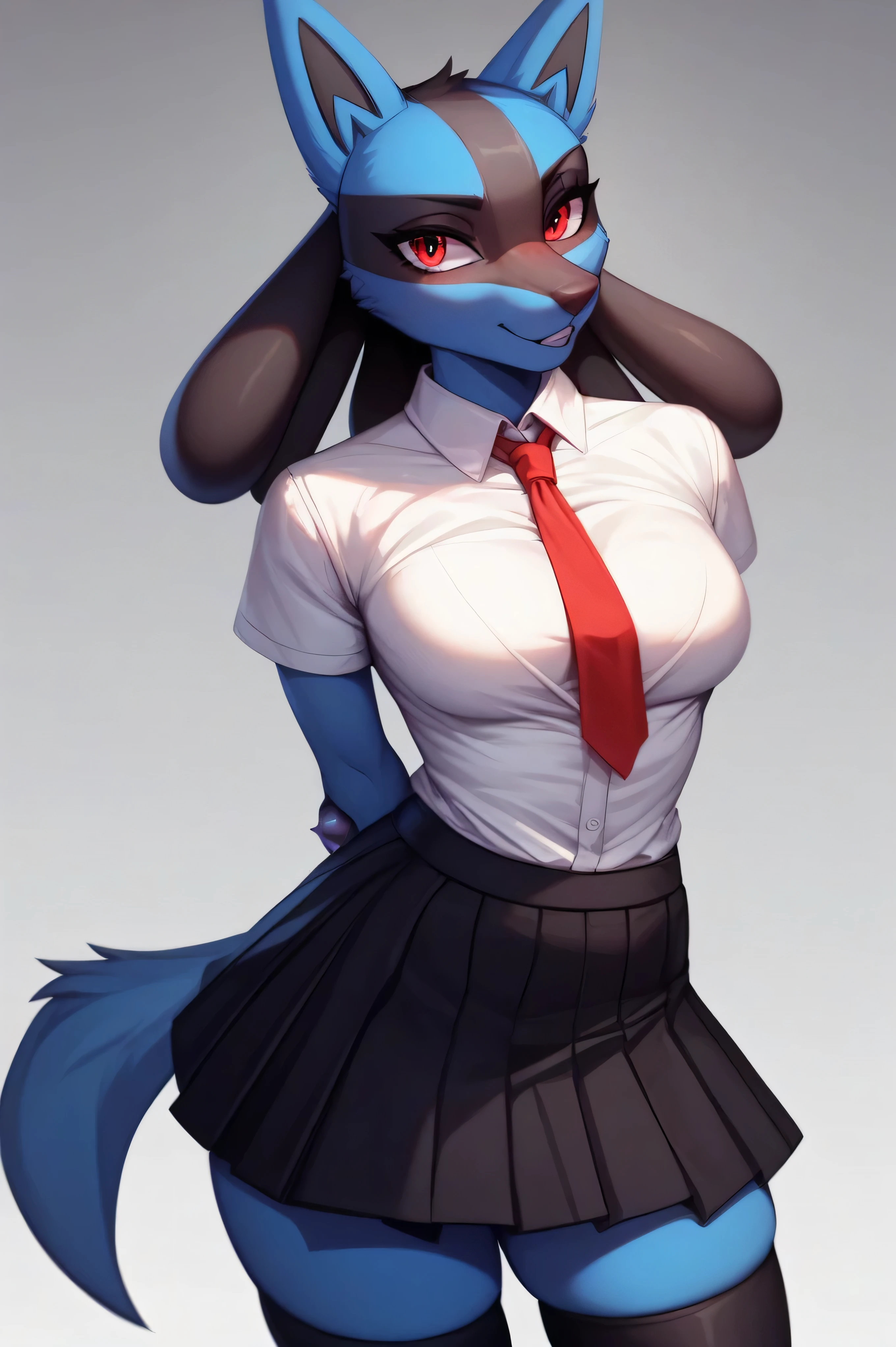 score_9, score_8_up, score_7_up, score_6_up, high quality, intricate details, high resolution, sharp focus, Expressive, solo, WhisperingVeil Style, better face, better eyes, 1girl, Lucario (pokemon), pokemon generation 1, anthro, school uniform, white shirt, red tie, black skirt, black thigh highs, black contours, furry art, commission for high res, red eyes, stading straight, arms behind back, standing,