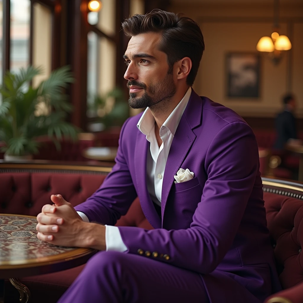 A handsome and sexy man wearing a casual white short and blue suit,and formal pant, , he has gorgeous face,and stylish black hair, and short beard, he is sitting in a cafe, homoerotic, nsfw ,open legs, alluring pose, penis