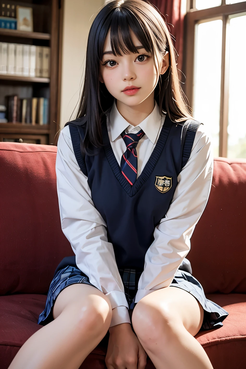 (Cute Japanese Girls), Sexy 18 year old girl, (The cutest faces), Thin chest, Thin thighs, Straight hair, On the bed, (((school uniform))), ((model like sexy pose)), (expression in orgasm), ((lying on)), 