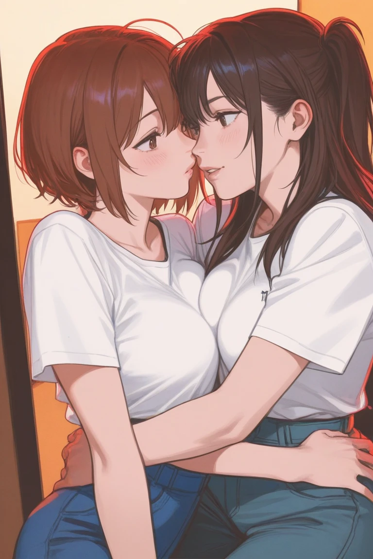 (masterpiece, best quality:1.2)2girls, locker room, AND 2girls, gray sports bra, (facial, cum on hair, cum in mouth, cum on clothes:1.1),smile, eye contact,kissing her face,light brown hair, short hair, brown eyes, glasses,yuri AND 2girls, s pink bra, (facial, cum on hair, cum in mouth,cum on clothes:1.1), smile, eye contact,kissing her face,black hair, medium hair, brown eyes, glasses,yuri