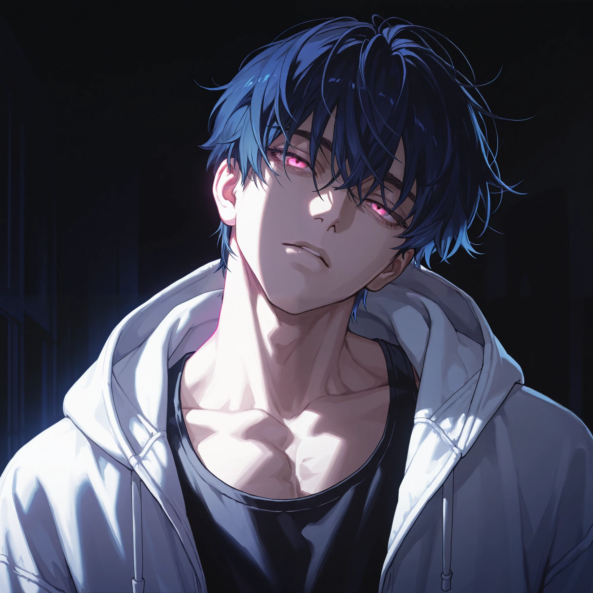 1 boy, very handsome, short hair, wavy dark blue hair, bangs, under cut, glowing pink eyes, cold eyes, eyelashes, white jacket, hoodie up, black tank top, muscular neck, dark background, shading, detailed, dark room, full face, head tilt slightly, front view, masterpiece, album cover