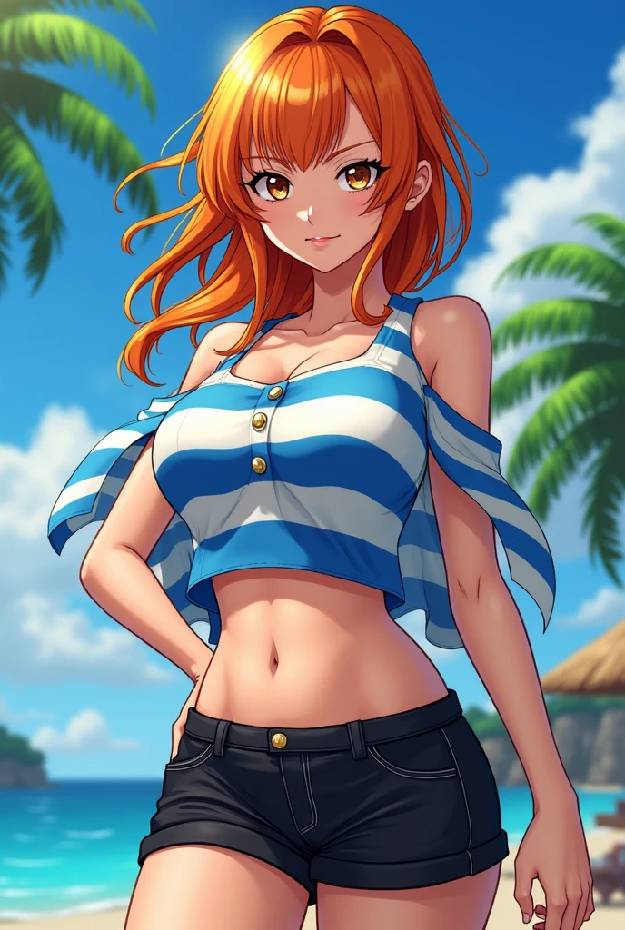 detailed background, masterpiece, 4k, epic, best quality, late youth, adult, milf, athlete body, 1girl, active, energic, ((wide open mouth, smile, lying on the ground, fully lying down, open eyes, hands spread sideway)) , solo, nami \(one piece\), 1girl, bangle, (very missy hair, tired, open mouth, feeling hot, tilting head, both hands spreadeagled, serious, hurt, glaring, open eyes, looking up, perfect detailed face, round face) bold drawing lines, muscular arms, detailed bold arm lines, flat jaw, adult woman, wavy wide streaked bangs, floating bang, (big cheeks), bare shoulders, off-shoulders, belt, bikini, bikini top only, blue sky, bracelet, springy breasts, breast lines, big round eyes, very big brown shiny eyes, bubbles, high eye position, cleavage, cloud, day, denim, earrings, floating hair, shiny hair, green belt, green bikini, bold groin lines, jeans, jewelry, medium breasts, log pose, long hair, looking at viewer, long navel, wet hair, orange hair, pants, shoulder tattoo, sidelocks, sky, solo, stomach, swimsuit, tattoo, detailed left arm, big forehead, hourglass figure, small head, toned body, wide hair, wind effect, sun effect, under the sun, narrow small ears angle, older, straight shot,