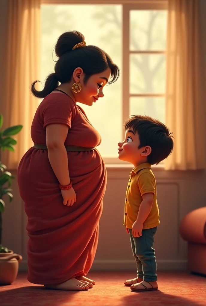 Indian boy and indian curvy aunty hugging tightly in the kitchen