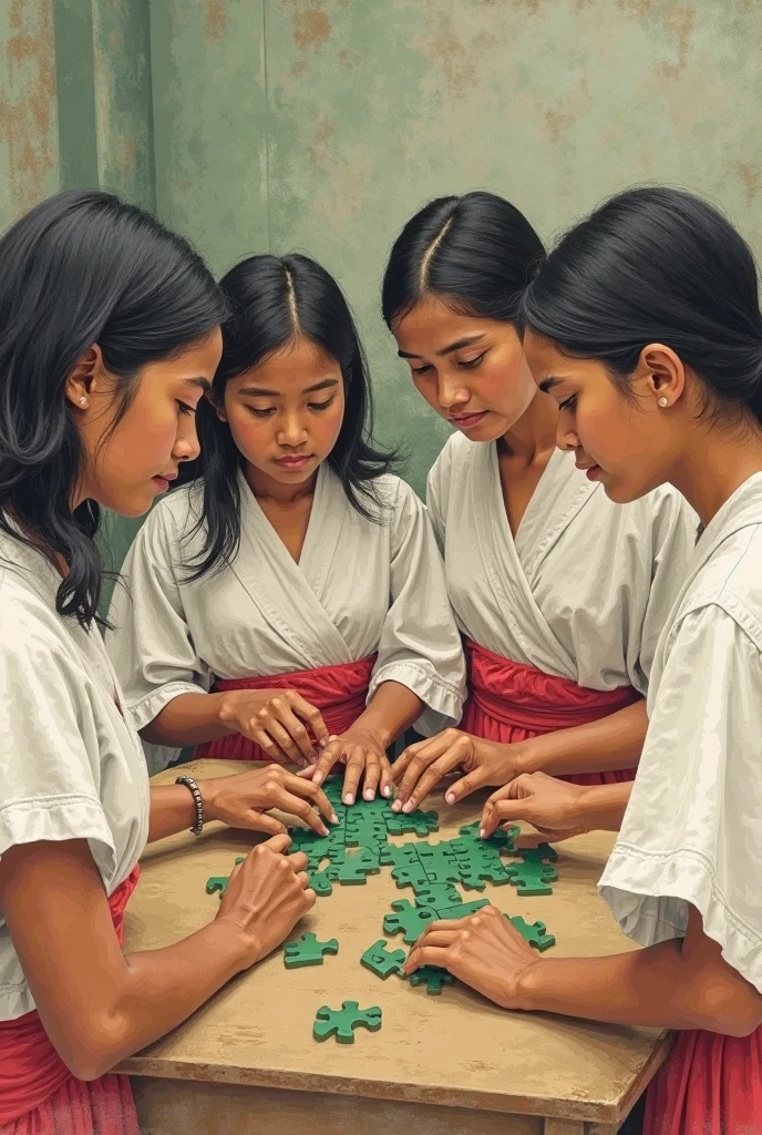 Six people wearing black headscarves, surrounding a large magic jin painted on a dark underground floor