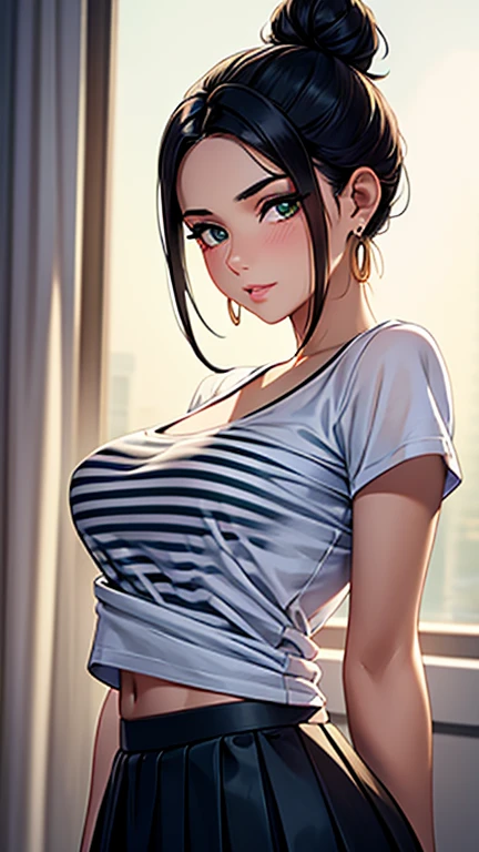 Amazing portrait of a sexy and cute woman who is tall and thin with her hair tied in a low ponytail as she seductively gazes and smiles at us with her perfect pink lips blushing hard as she poses seductively showcasing her sexy thin body with medium chest and curvy hips and long legs in a baggy grey t shirt with pink graphics and white baggy pants with pink leopard print