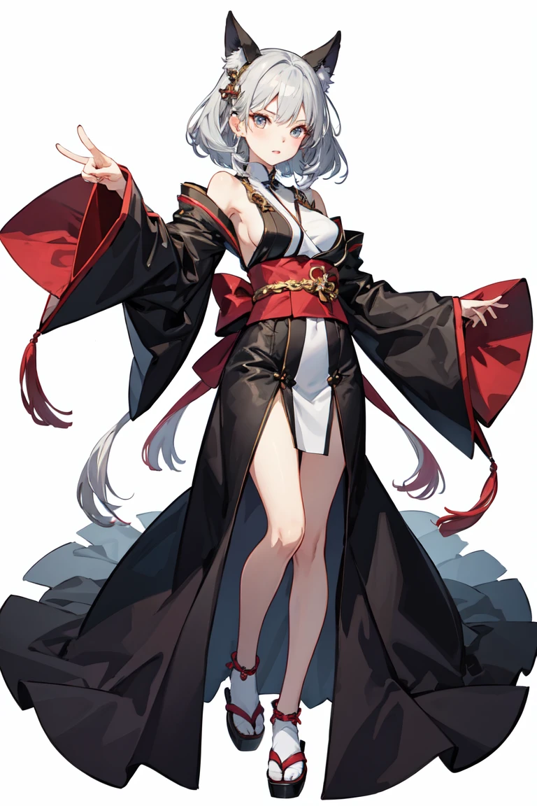 female, silver long hair, red eyes, (((1girl))), (((red kimono))), (black Japanese sandals), (white socks), (black hakama pants), cute and sexy, full body, large breasts, long legs, smiling, standing