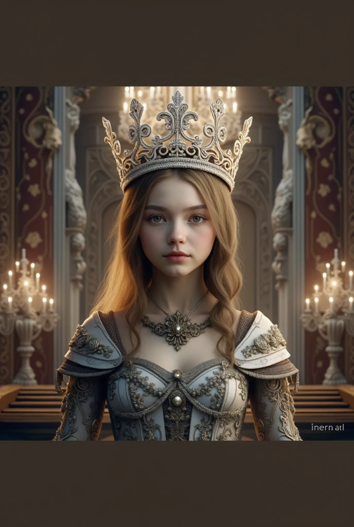 A young, stunningly beautiful and blonde child princess, dressed in a light silver, foot-length dress with short sleeves, sitting on her throne in the throne room of her castle, she is wearing no crown and no jewelry, view of the princess from the front and in full body view from head to toe, hyperrealistic,