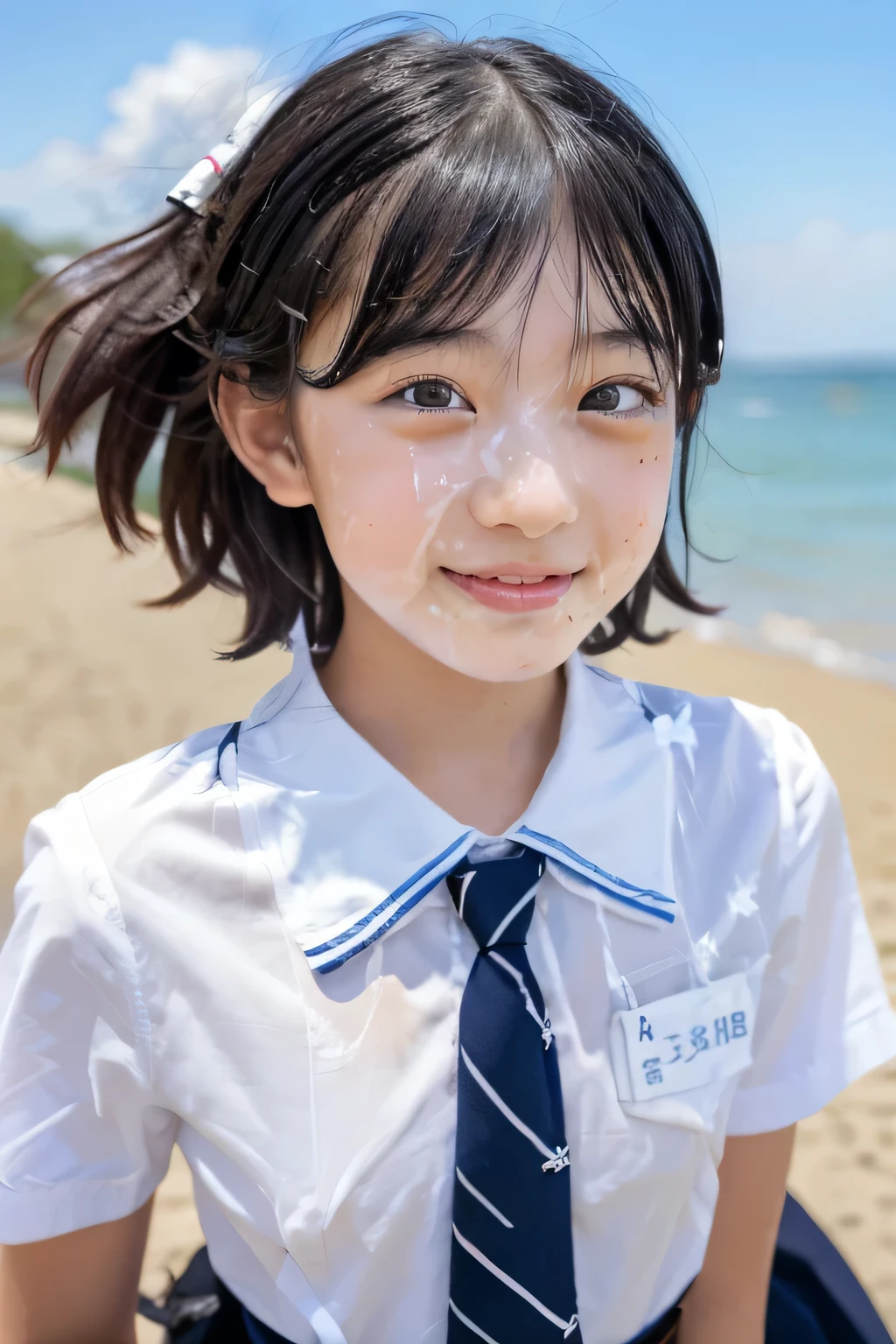 (1 girl, alone, Japanese girl), ,Highest quality, table top, 8k, high resolution, very detailed, ( portraits), think, black hair, short hair, hair clip, Shiny Skin, flat chested, smile, ( :1.5, uniform, white collar shirt , bow tie,), summer, blue sky, thunder head, ocean,Wet Shirts、( face covered in semen:1.0)、Stomach 6 months pregnant、