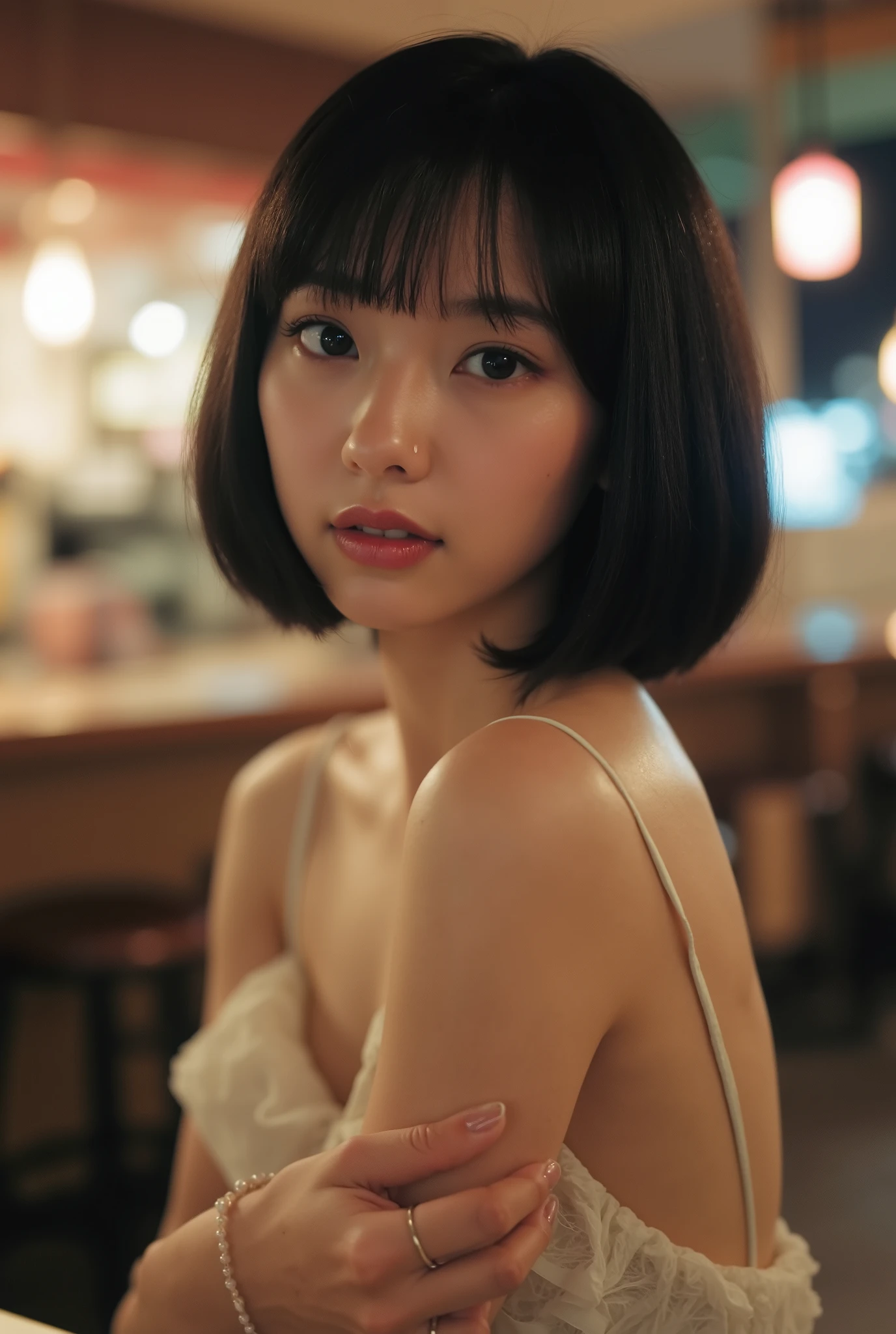 Create a portrait of an adorable Japanese idol with a semi-short hairstyle, showcasing an elegant spring outfit. She has a slender physique, medium breasts, and thin legs. The background should depict a nighttime cafeteria in a city, enhanced with dramatic lighting to emphasize the ambiance and her features.