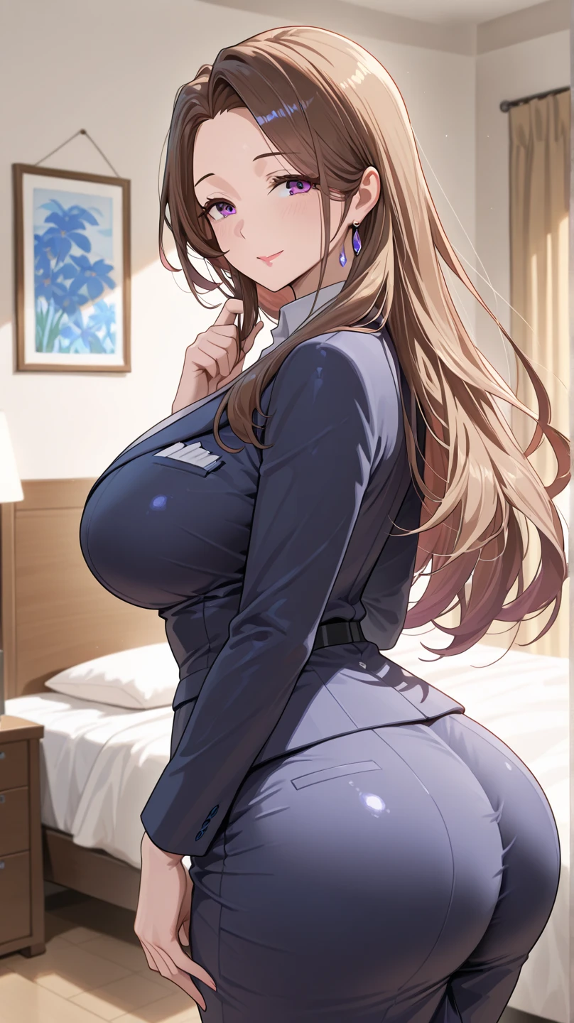 masterpiece, best quality, 1beautiful girl, (large breasts:1.1),a busty girl, long hair,highly detailed beautiful face and eye,(smile:1.2),brown hair,glamorous,big ass,white dress shirt, naked shirt,cleavage ,open shirts,large shirts,no panties,bottomless