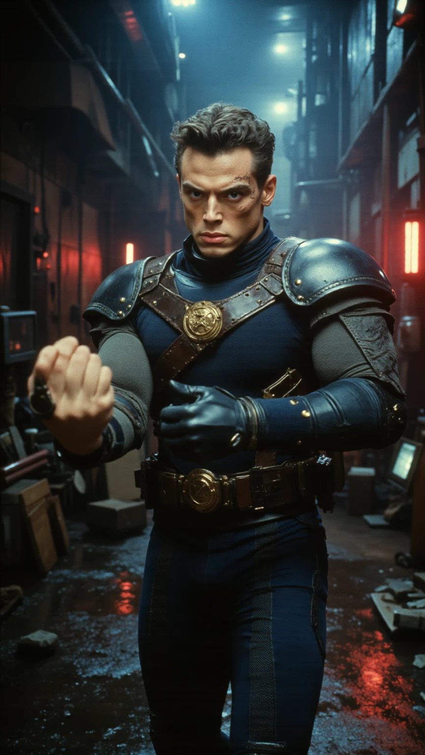 A cinematic close-up scene from an X-Men film, featuring Cyclops, portrayed by Central Cee. He wears a faithful rendition of his classic X-Men suit, a dark blue tactical  with golden accents, reinforced with armored plating on the shoulders and forearms. A leather utility belt with the iconic X-Men emblem sits at his waist. His signature ruby-quartz visor, sleek and futuristic, wraps around his eyes, reflecting a faint red glow. His short, sharp fade haircut is visible, enhancing his modern and rugged appearance.

Cyclops leans his head slightly forward, exuding intensity, while raising his fist in a powerful gesture, as if preparing for battle. His expression is focused, determined, and imposing, with an aura of confidence and leadership.

The environment is dark and industrial, resembling an abandoned underground bunker or a war-torn battlefield. Metallic debris and faintly flickering computer monitors hint at a recent conflict. The atmosphere is heavy with mist and dim red emergency lights, casting an ominous glow on the surroundings.

The lighting is cinematic and dramatic, reminiscent of a 1980s DVD screengrab, with deep contrast, grainy texture, and rich HDR tones. A strong key light from the side partially illuminates Cyclops' face, while shadows accentuate the contours of his features, giving a highly stylized, moody aesthetic.

In the background, dark silhouettes of towering metal structures and faint red neon reflections on wet metallic floors add to the dystopian ambiance. The walls are adorned with damaged panels,  wiring, and remnants of past battles, evoking the classic X-Men cinematic universe.

X-Men, gritty, cyberpunk, cinematic, ultra-realistic, HDR, 1980s film aesthetic.