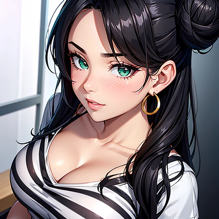 1girl, hair, breasts, cleavage, curtains, earrings, front-tie_top, jewelry, large_breasts, lips, looking_at_viewer, shirt, solo, tied_shirt, upper_body, shirt