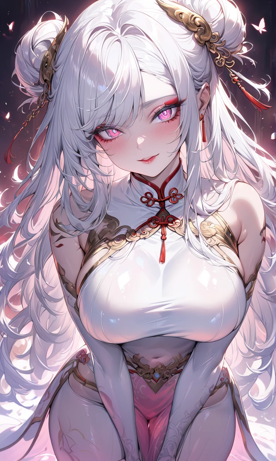 actual, , white hair, big eyes, Smile,open mouth,big breasts,glowing eyes,open lips, blush, daytime,background orc ears,Fox fairy,Kimono decoration,sexy,exposed,charming smile,Half-dressed kimono,white fox ears,White pink fox tail,high thigh slit,,Exquisite background,Mature,red background,Warm colors,red sleeves,Bright colors,white hair,Sense of lens,Lying in bed,Mature women