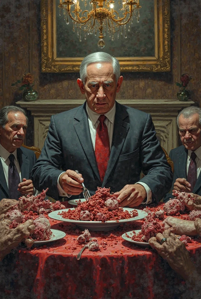 restaurant、cooking、The ingredients are human、人間cooking、Eating humans、人間cookingがテーブルに並んでいる、A severed head is on display、Eating brains、grotesque、A disgusting sight、Blood、Viscera、Bone、Gentlemen and ladies eating、knife、fork、bread、Rice、