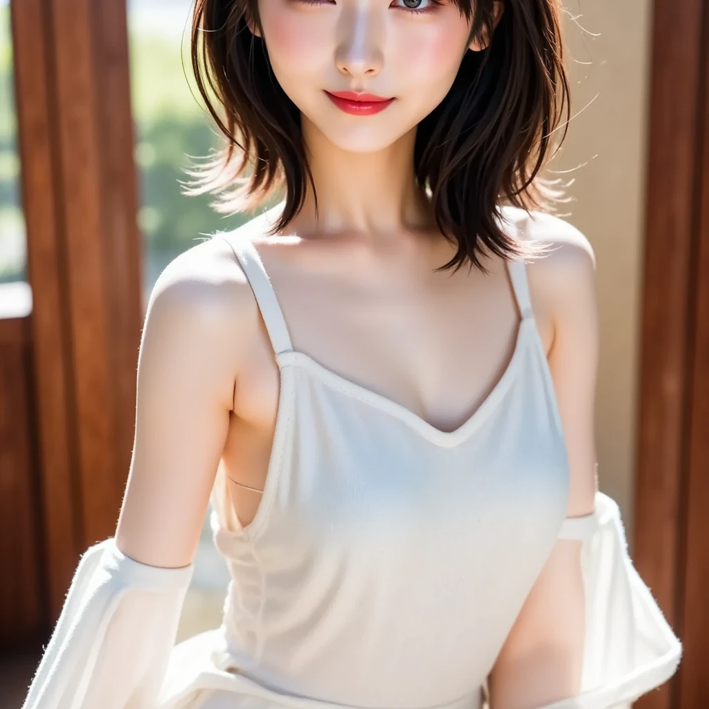 (highest quality: 1.5), (Realistic: 1.5), (1 person: 1.5), (Upper Body: 1.5), Very detailed, High resolution, 8k wallpaper, Small breasts, Natural color lips, Cute Smile, Japanese women, 20-year-old girl, Beautiful and elegant face, Perfect and beautiful face, Big eyes, Brunette's eyes, Beautiful and elegant face, Natural double eyelids, Natural Bangs, Beautiful thin nose, Beautiful Skin, Chestnut Hair, Medium Bob Hair, Shortcuts, Natural Bangs, Perfect and beautiful face, Slim face and figure, (Staring at the camera with a cute expression), Bright lighting, Professional Lighting, Forward lighting, Cute Smile, Ceremony Venue, dress, Beautiful cleavage, mini skirt, Look forward, Simple poses, Fair skin, thin,