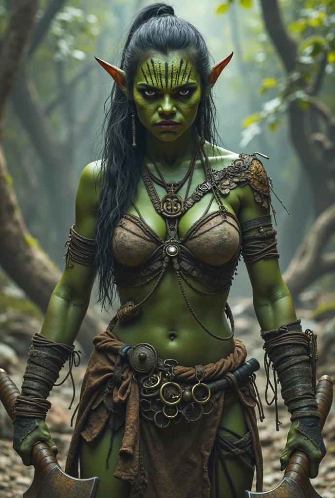 Warrior goblin female, full green painted boby, green skin, fed haire, nose piercing, black tribal tattoo, leather and fur armor, dancing, dark forest, night, fire, camp, dungeon and dragon, heroic fantasy, magic