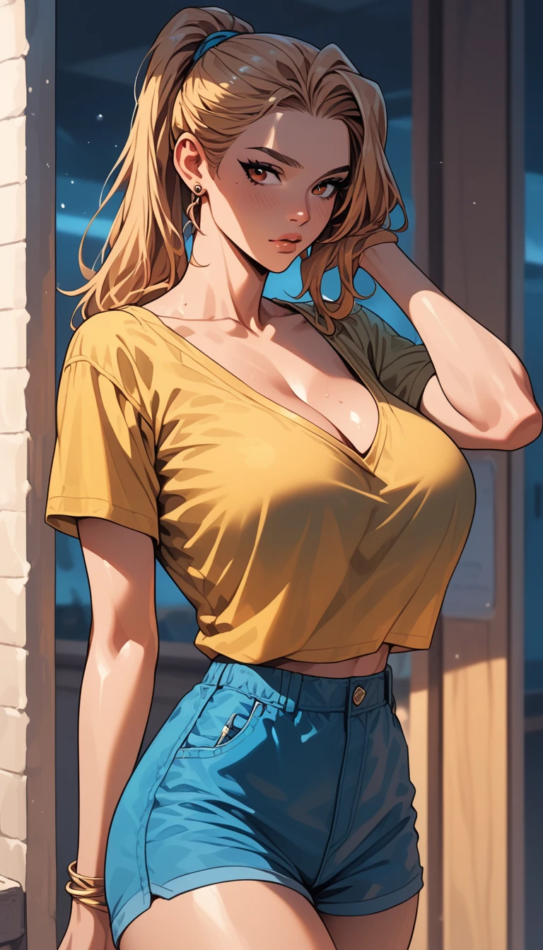 (Shiny skin, Sweaty:1.4),Female 26 years old,housewife,sunlight,smile,Applying lipstick,Light brown curly hair,Single Pan,Little white vest,jeans,fit,Shopping at the large Brest Market(((focus armpit)))arms behind head
