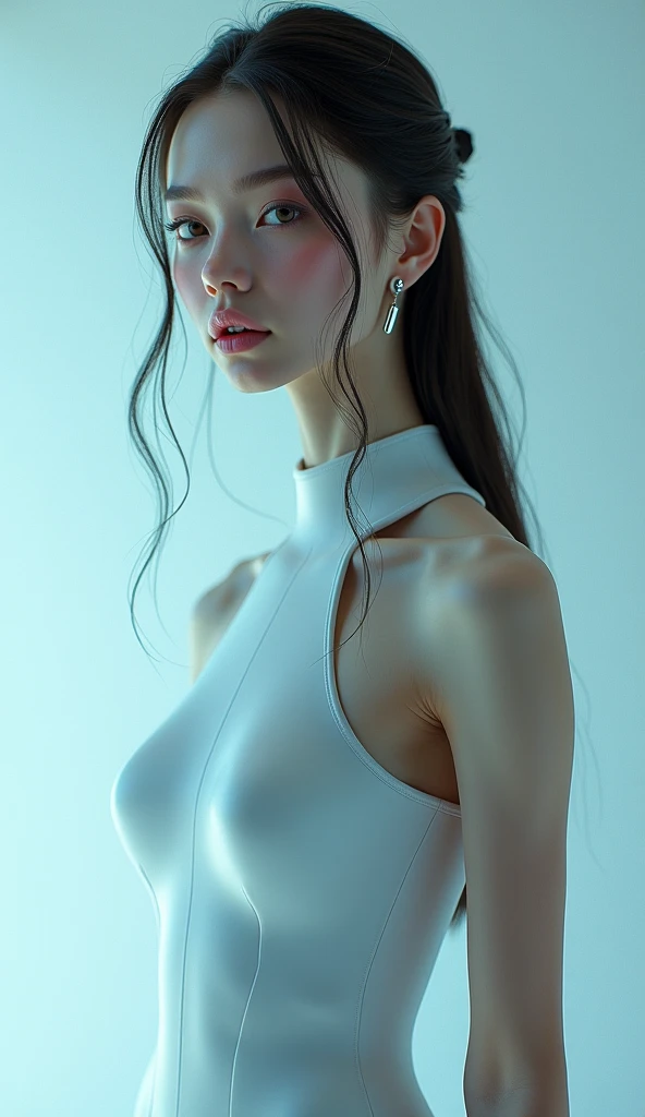 Una chica muy flaca, rubio, muy feliz, Futuristic city, era espacial, piel blanca, cabello ondulado, cuerpo completo, Cuerpo muy detallado, Cara muy detallada, piel brillante, Detallado_rubio_cejas, Beautiful_ojos, Piel realista, ultrarrealista, Sharp, highly detailed focus, 8k, cuerpo completo, desnuda
