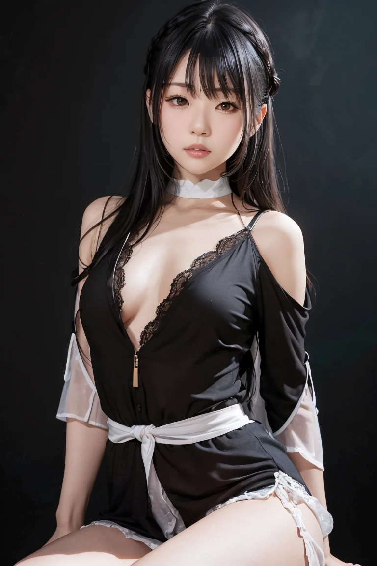 Masterpiece, highres, high Quality, detailed face, detailed body render, 1girl, solo, hyuuga hinata, hinata-sleeveless-outfit, medium breasts, flat breast, sleeveless shirt, fishnet top, dark lips, unzipped jacket, no bra, breasts out, nipple, standing, blushes, (on bedroom), show nipples, show vagina, spread legs..
