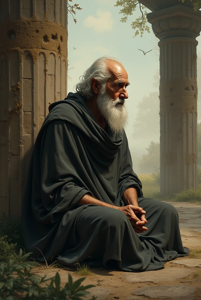 A black and white painting of an old man sitting in a cave surrounded by other ruined men of ancient Greece