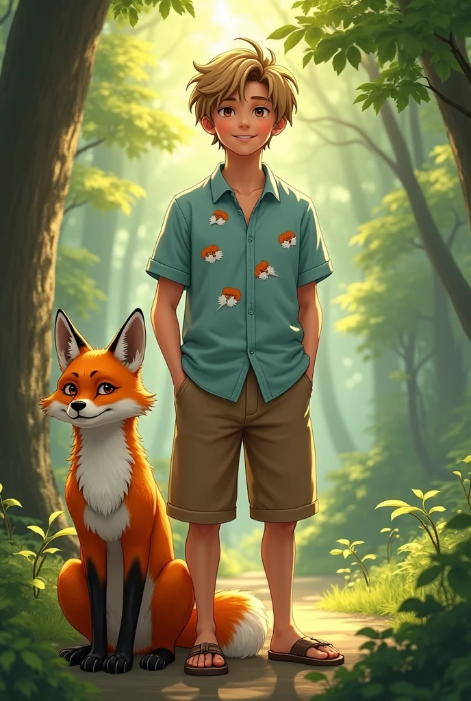 (best quality,highres,ultra-detailed),a 12-year-old boy with brown and ginger hair, freckles, small red fox ears, and a red tail, wearing a gray shirt, [illustration] style, [vivid colors], [sharp focus], [studio lighting], [physically-based rendering], [ultra-fine painting], [realistic], [bokeh], [portraits], [playful expression], [medium shot], [outdoors], [natural scenery], [sunlight filtering through trees], [moss-covered rocks], [distant mountains], [lush green vegetation], [warm color tone], [saturated colors], [soft lighting], [gentle shadows].