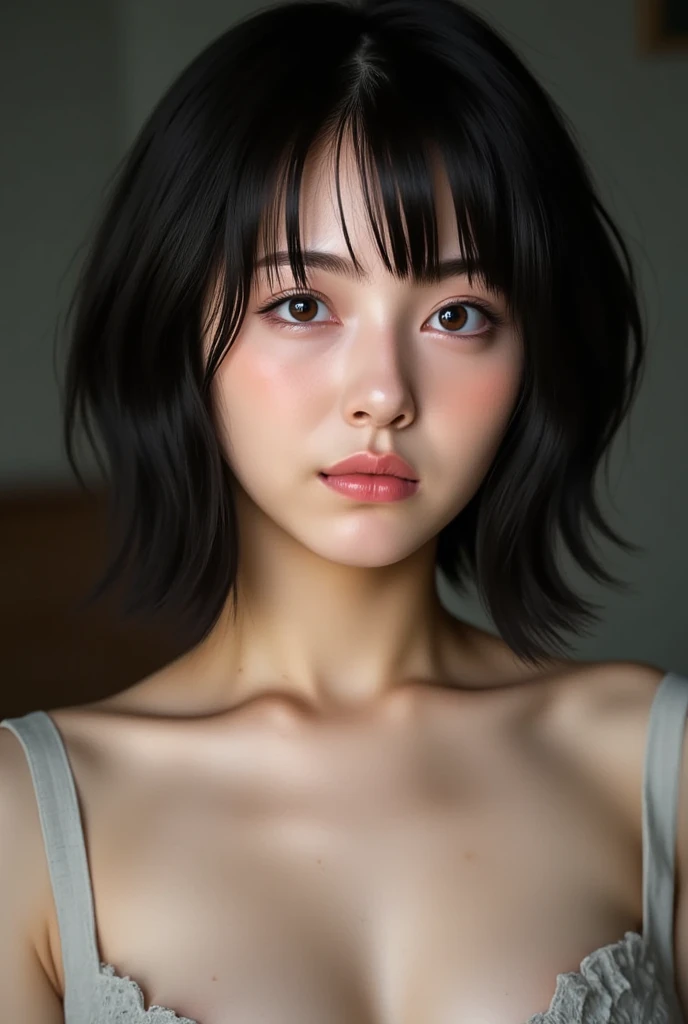 (Highest quality:1.4),(masterpiece:1.4),(Realistic:1.4),(Realistic:1.2),(超High resolution, RAW Photos:1.4),(High resolution, Very detailed:1.2),(8k:1.2),photograph,a photo of a dark-haired,Her hairstyle is a short bob with bangs...,One Girl,alone,(In underwear),((Upper Body:1.3))
