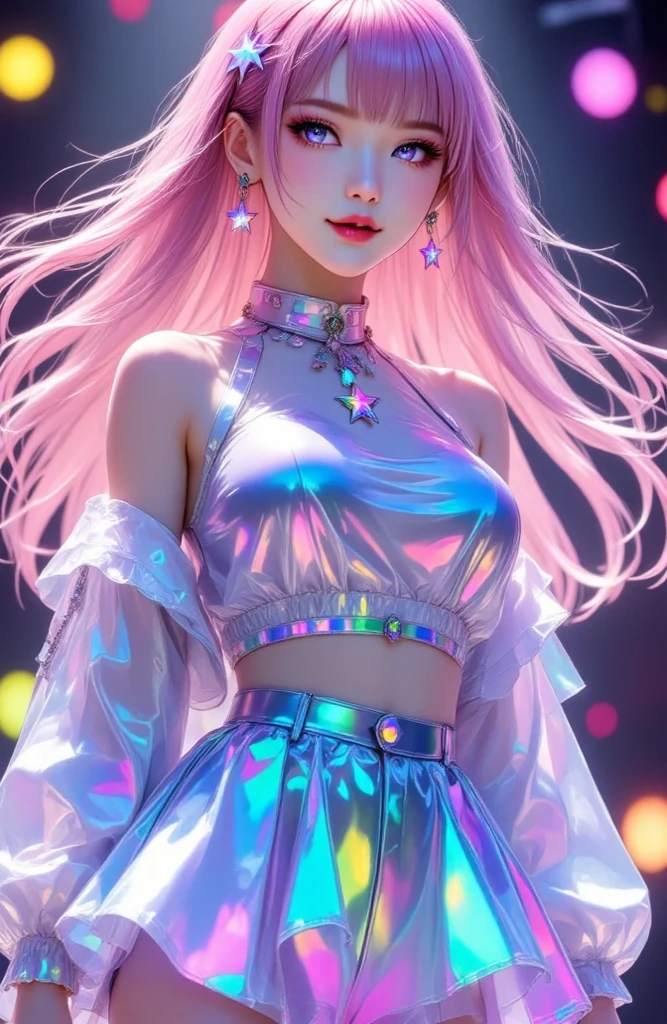 ((highest resolution, top quality, accurate , accurate body)), Long hair , pink hair, silver eyes, clean skin, pale skin, lovely , She's an Idol Star, World Top Singer Rider, colorful idol singer costume, Star-shaped lenses in the pupil, She is singing while dancing on a big stage, Overwhelming stage, Professional stage, Natural choreography, ((Beautiful smile)) 