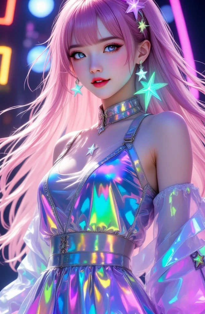 ((highest resolution, top quality, accurate , accurate body)), Long hair , pink hair, silver eyes, clean skin, pale skin, lovely , She's an Idol Star, World Top Singer Rider, colorful idol singer costume, Star-shaped lenses in the pupil, She is singing while dancing on a big stage, Overwhelming stage, Professional stage, Natural choreography, ((Beautiful smile)) 