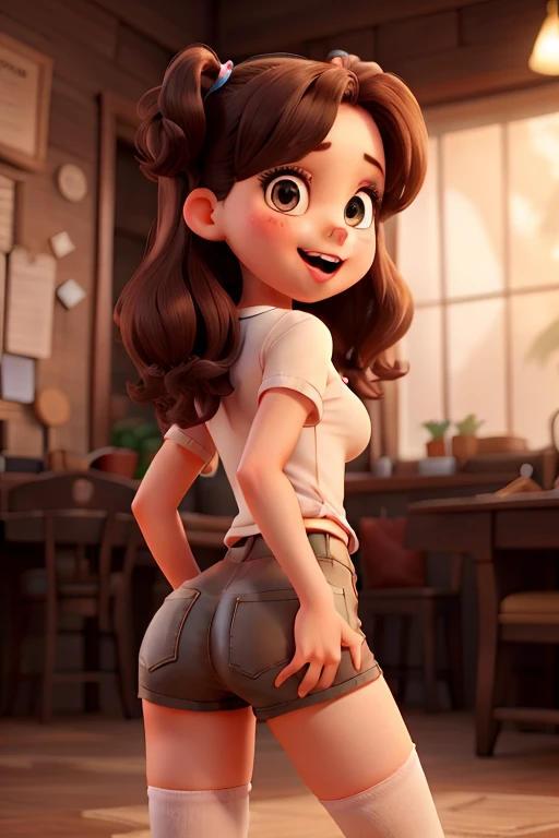 Cartoon Caricature, Adorable, Woman,big-eyed woman, Smileing,whitebackground,Her hands are behind her.., Wearing jeans , large ass,Picture from the side,looking at the scenes, intense colors, Very valuable details, complex details, volumetric lighting, digital art, 8k, trending on Artstation, Clear focus, complex details, highly detail, Greg Rutkowski Big Eyes, high-resolution, Black hair