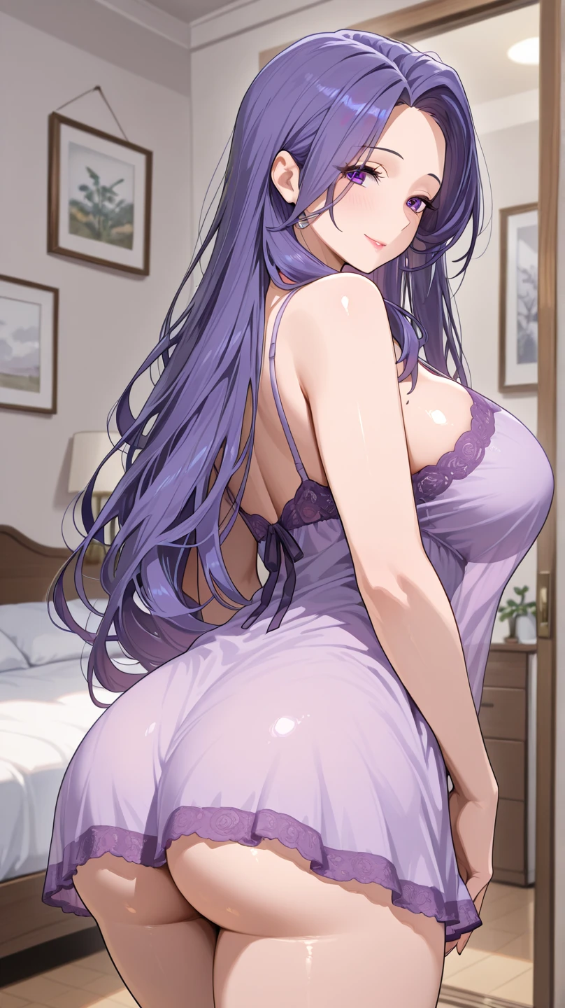 score_9, score_8_up, score_7_up, source_anime, BREAK, (((yew))), m1sat0, 1girl, purple hair, solo, long hair, earrings, brown eyes, mole under eye,.mole on breast,.milf, lingerie, laying on side, panties, cameltoe